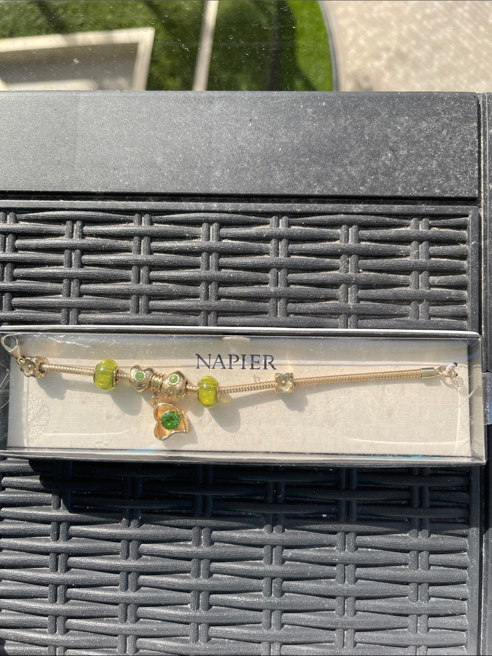 Napier Gold-Tone Bracelet with Lime Green Beads and Clover Charm